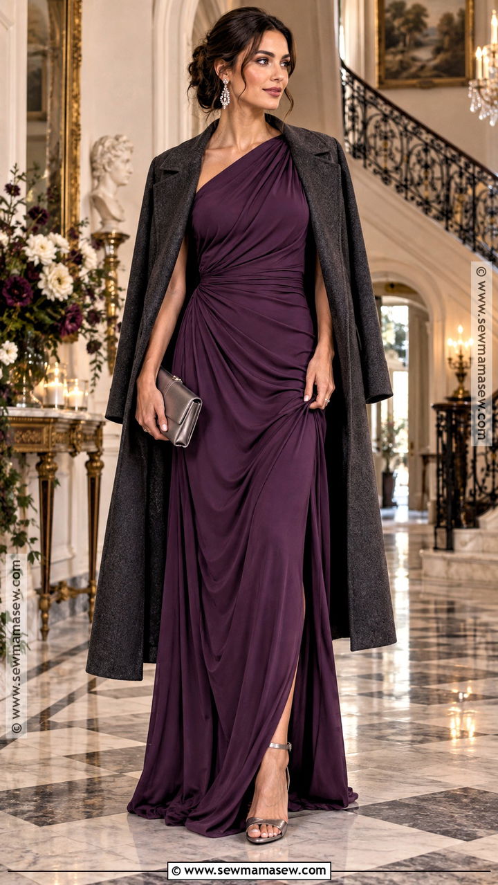 Purple Draped Maxi Fall Wedding Guest Dress - 20 fall dress wedding guest ideas