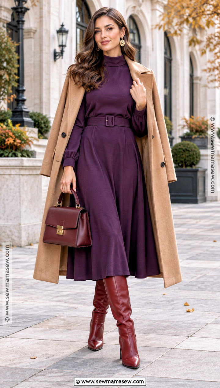 Purple Dress And Red Boots Autumn Outfit - 20 colorful autumn outfits