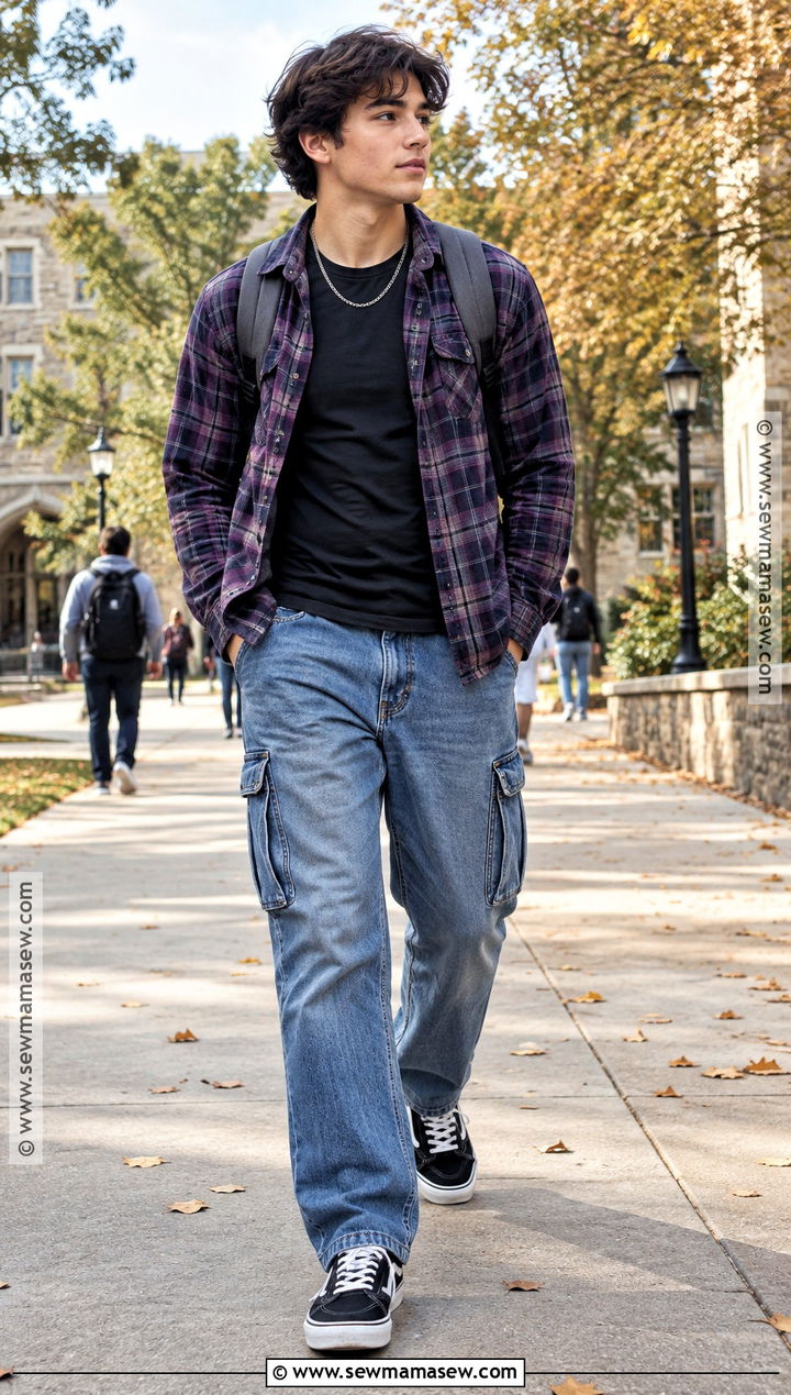 Purple Flannel Shirt With Cargo Jeans - 20 purple back to school outfits