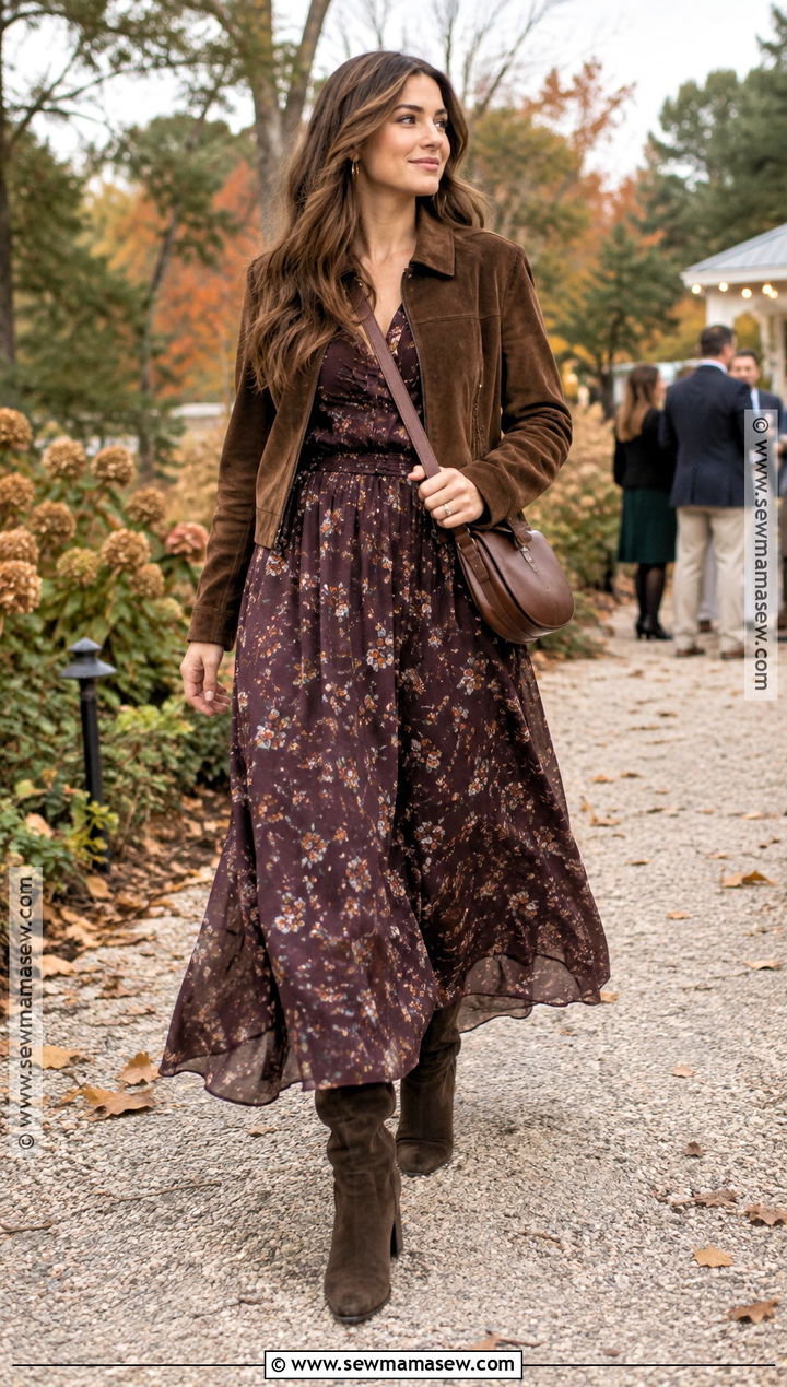 Purple Floral Maxi Dress With Suede Boots - 15 Fall Dresses Purple