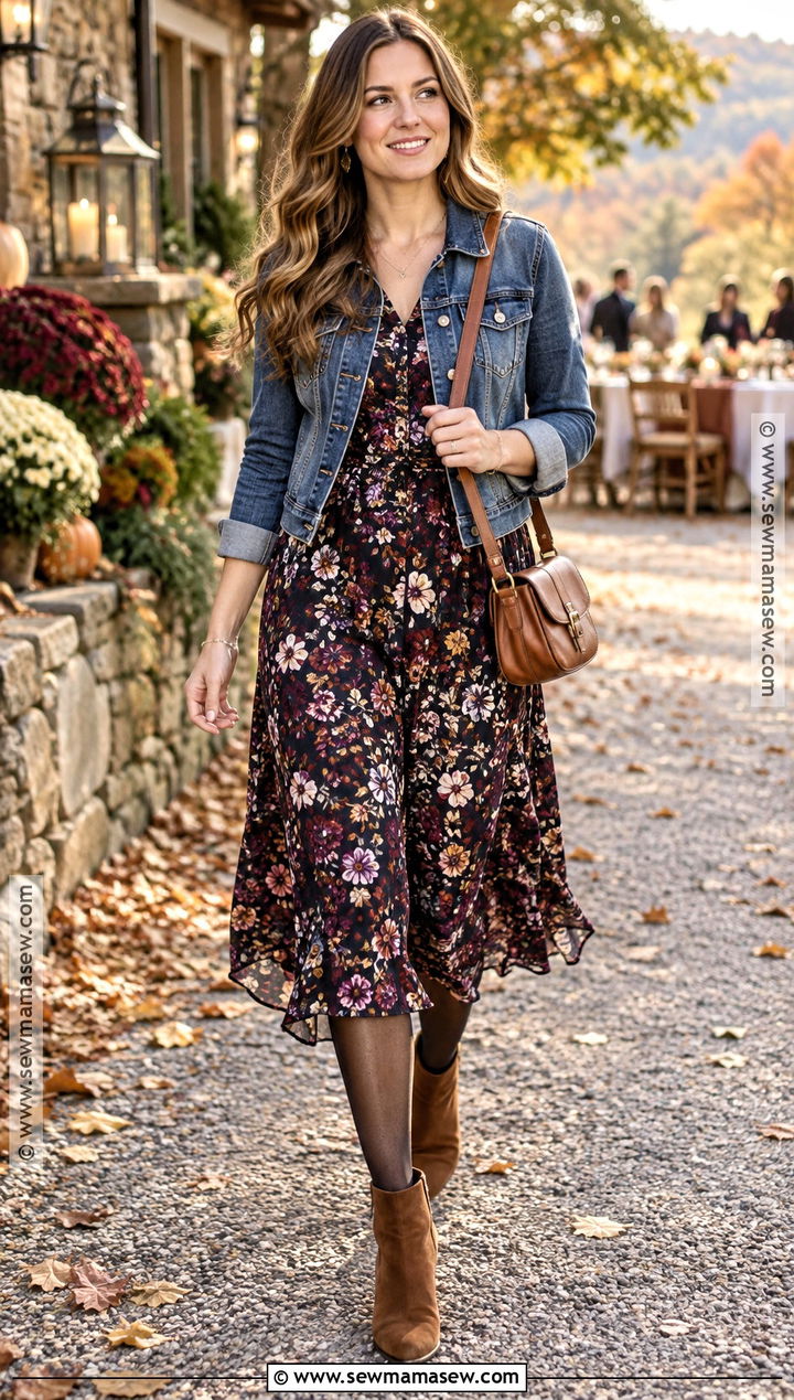 Purple Floral Midi Dress And Denim Jacket Outfit - 20 purple fall outfit ideas