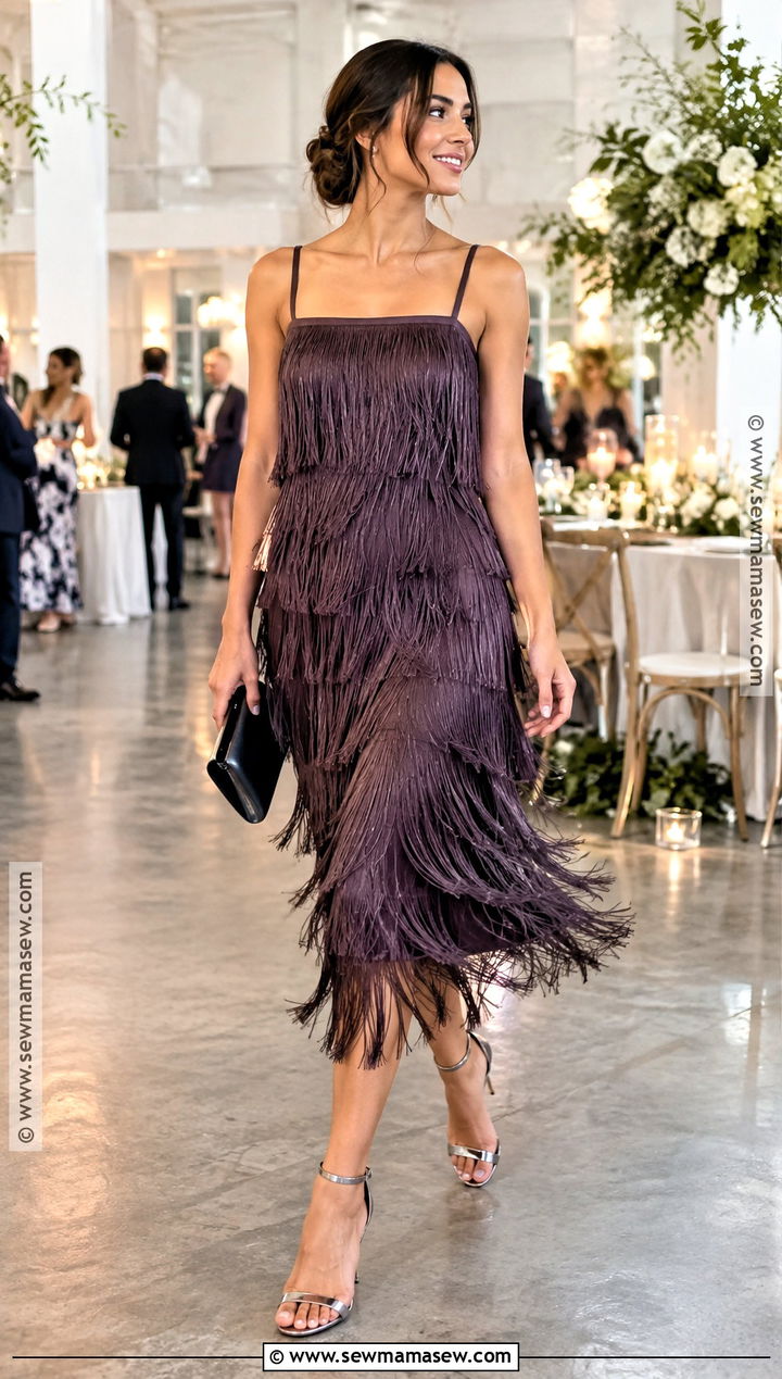 Purple Fringe Midi Dress - 15 dress for wedding guest fall ideas