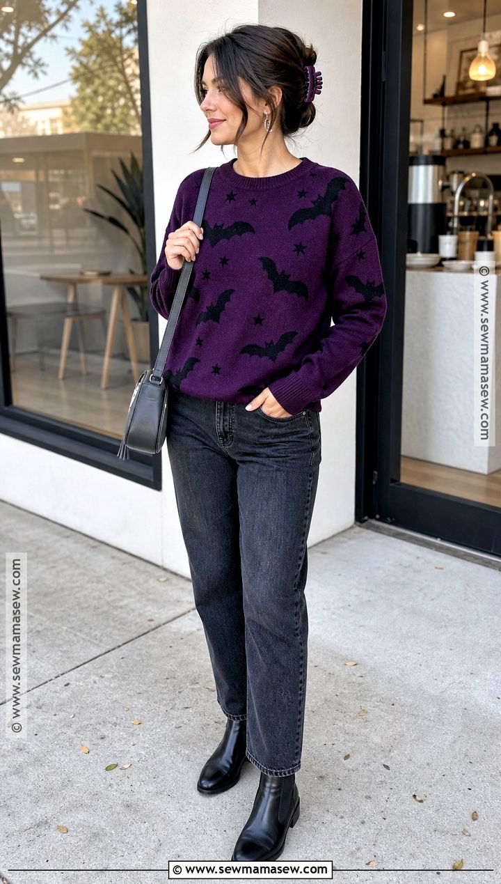 Purple Halloween Sweater With Gray Jeans - 35 halloween sweater ideas