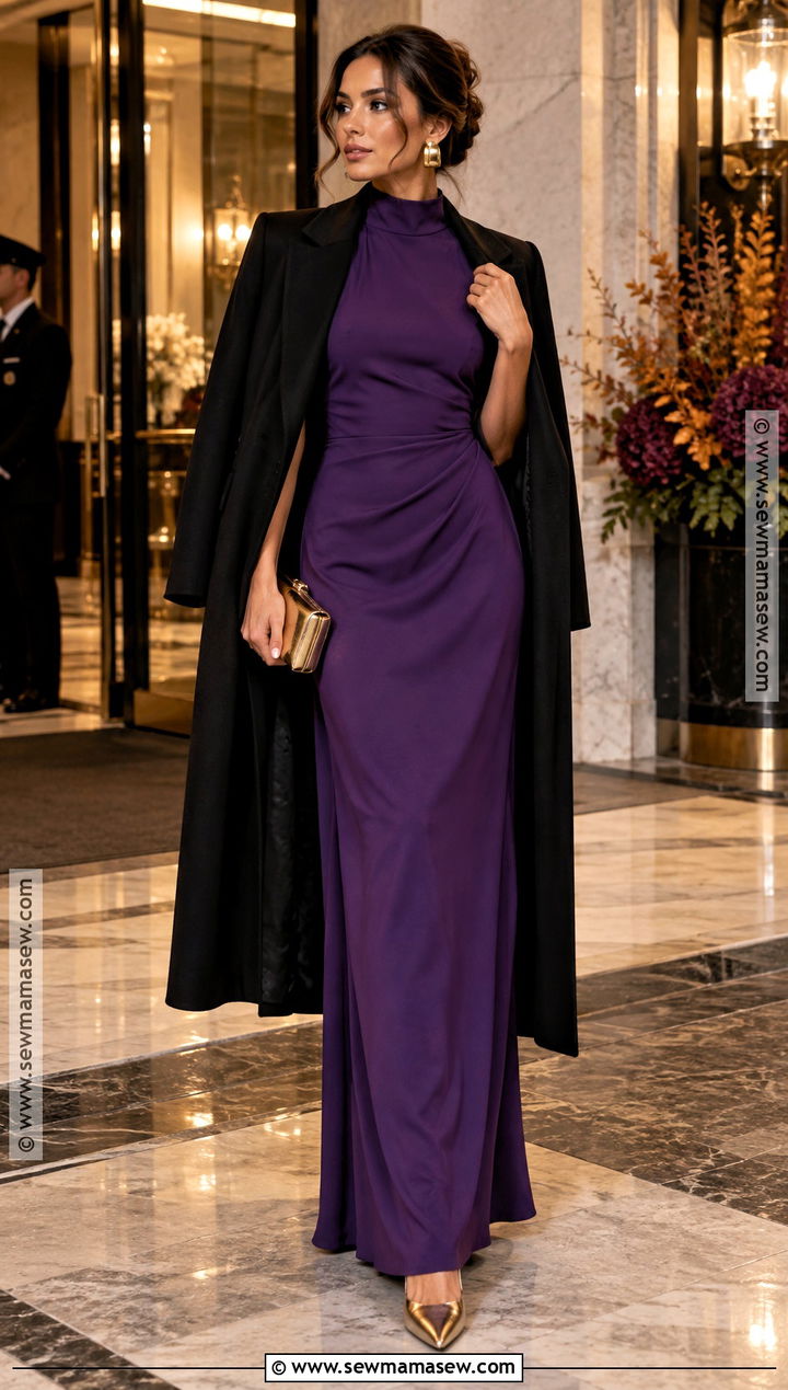 Purple High Neck Column Gown - 15 purple wedding guest dress fall ideas