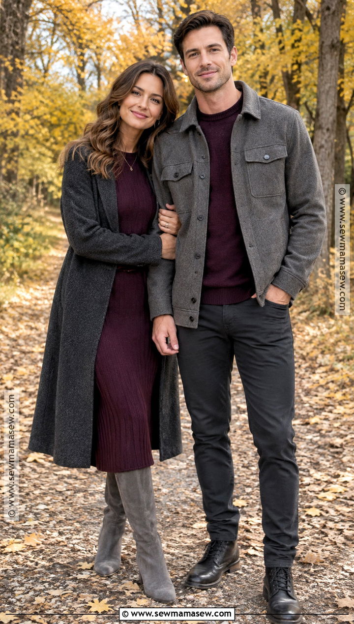 Purple Knit Dress And Gray Wool Coat Fall Couples Photoshoot Outfit - 15 couples photoshoot fall outfit ideas