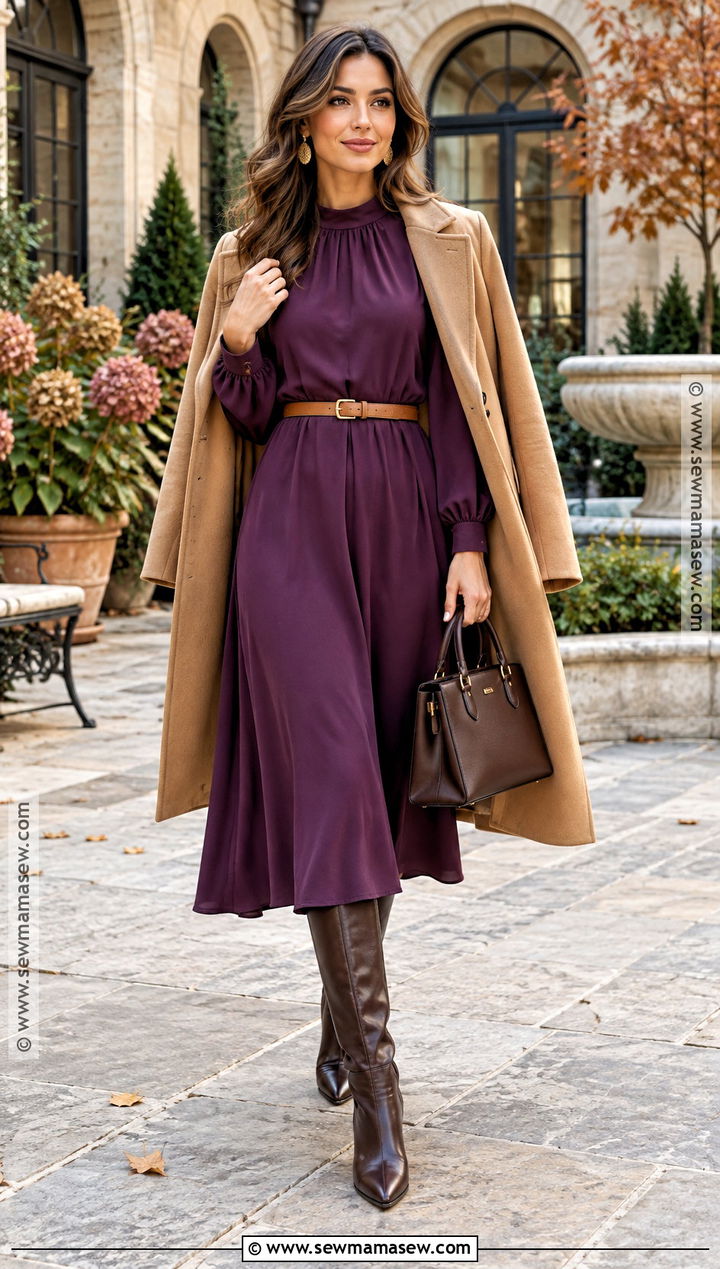Purple Midi Dress With Knee High Boots - 15 autumn purple outfit ideas