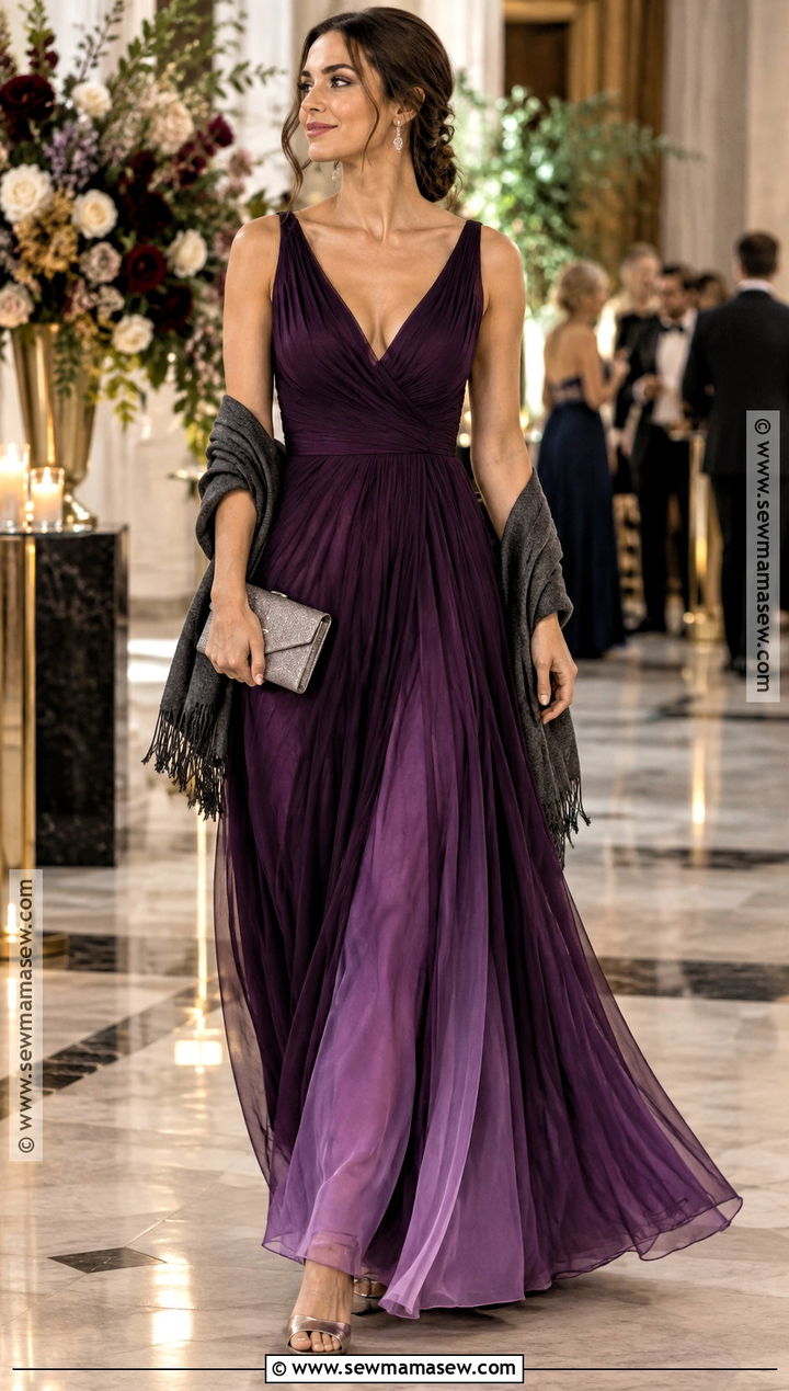Purple Ombre Chiffon Gown - 15 purple wedding guest dress fall ideas