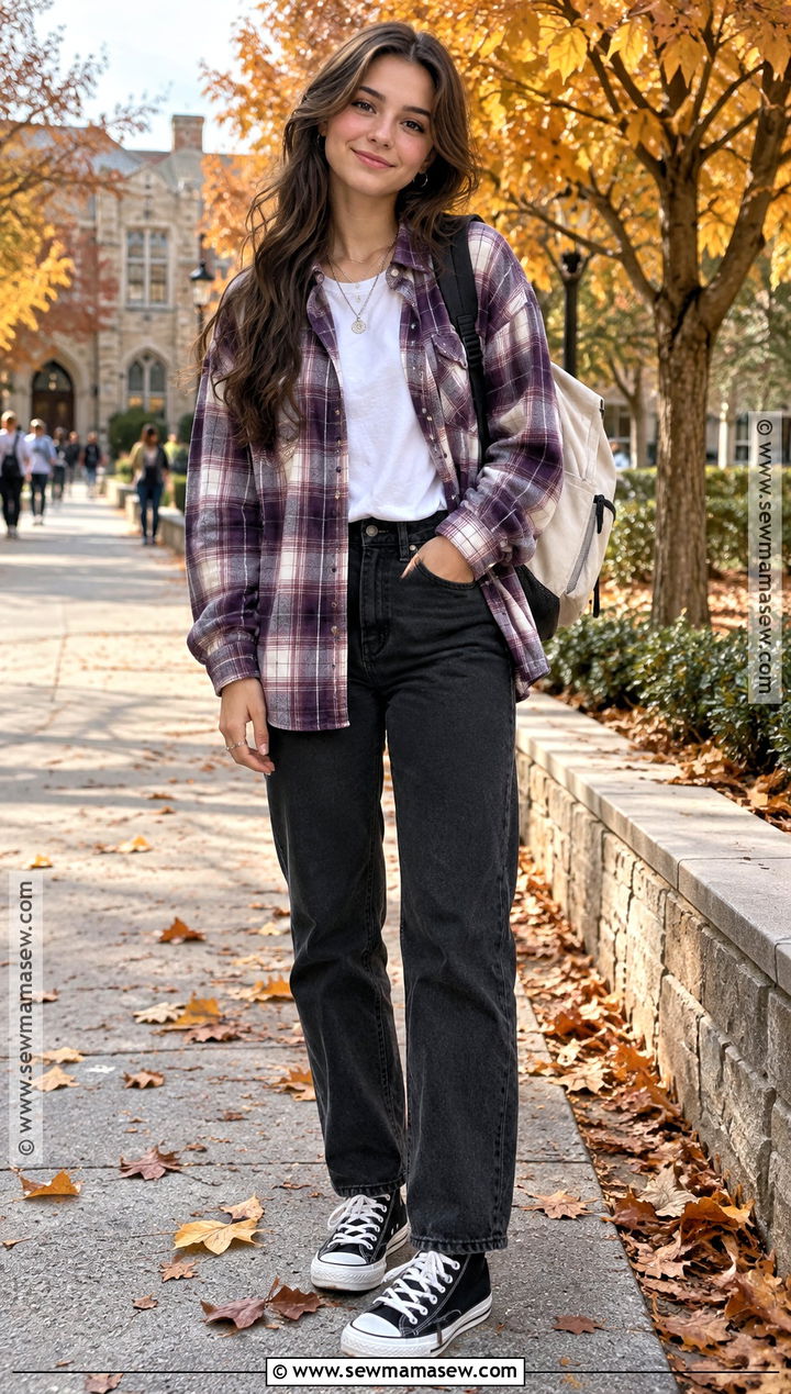 Purple Plaid Shacket With Black Jeans - 20 purple back to school outfits