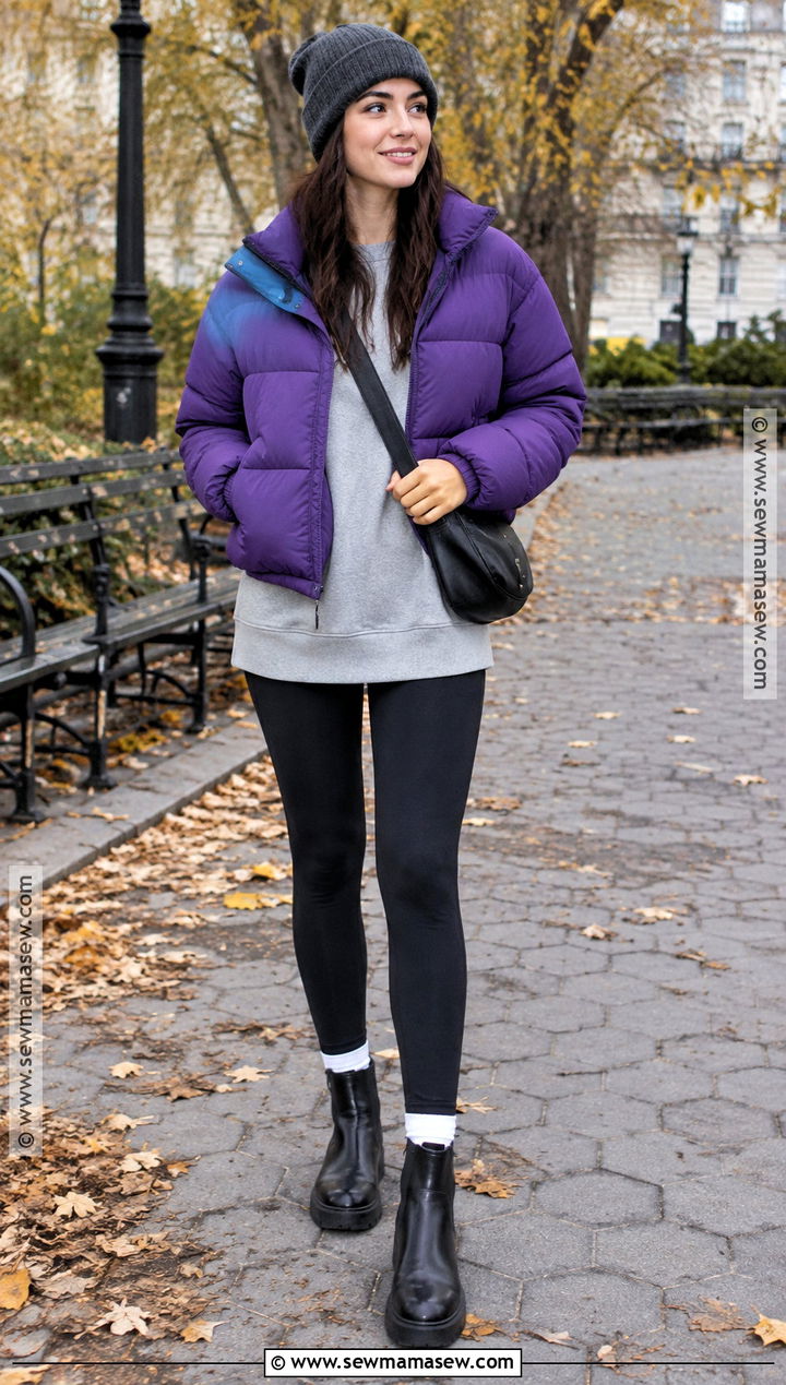 Purple Puffer Jacket With Leggings - 15 autumn purple outfit ideas