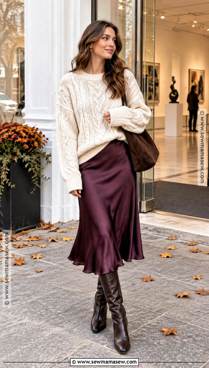 Purple Satin Skirt With Chunky Sweater - 15 Fall Fashion Purple Ensemble Ideas