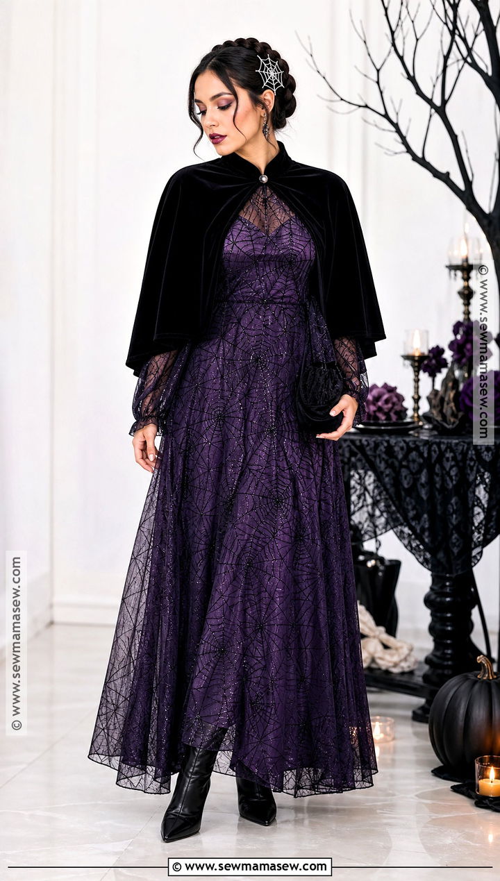 Purple Spider Web Maxi Dress With Velvet Cape - 30 spider web dress ideas