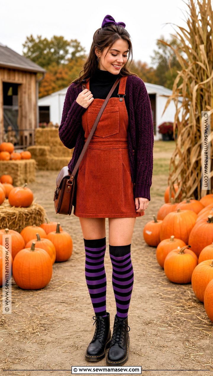 Purple Striped Halloween Socks With Corduroy Dress Outfit - 30 Halloween Socks Ideas
