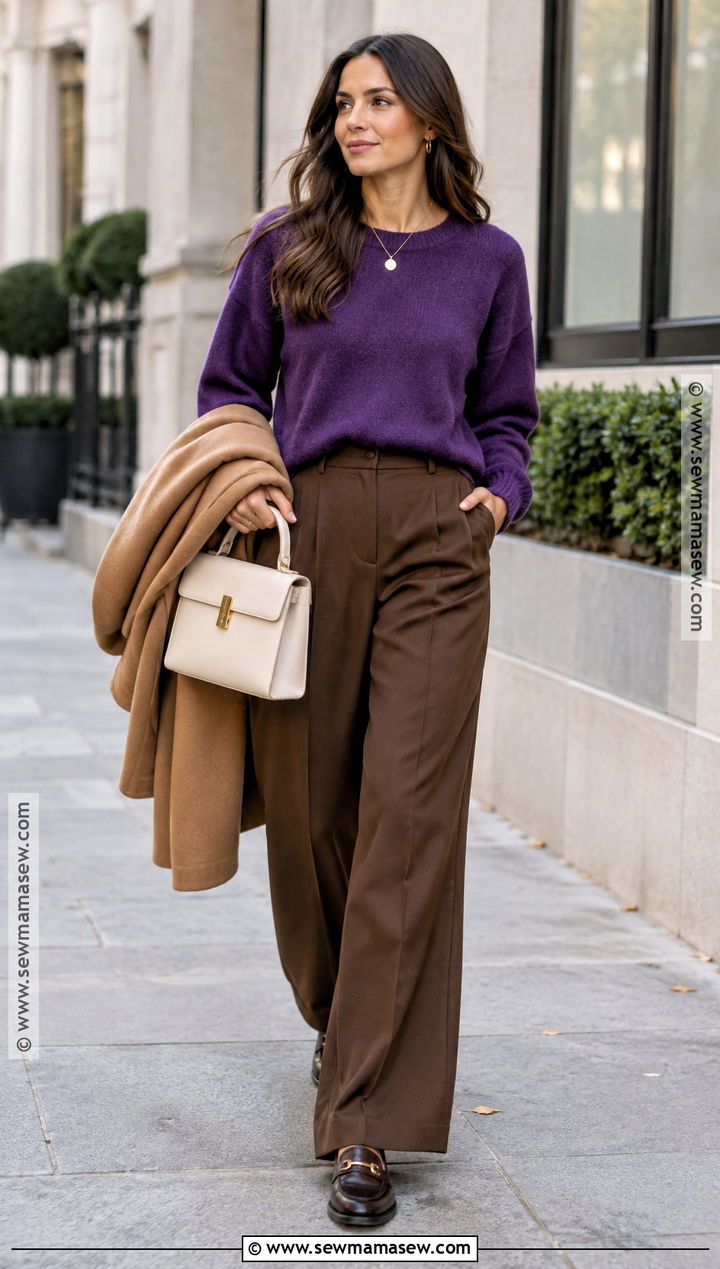 Purple Sweater And Chocolate Trousers Fall Outfit - 15 fall outfits trends