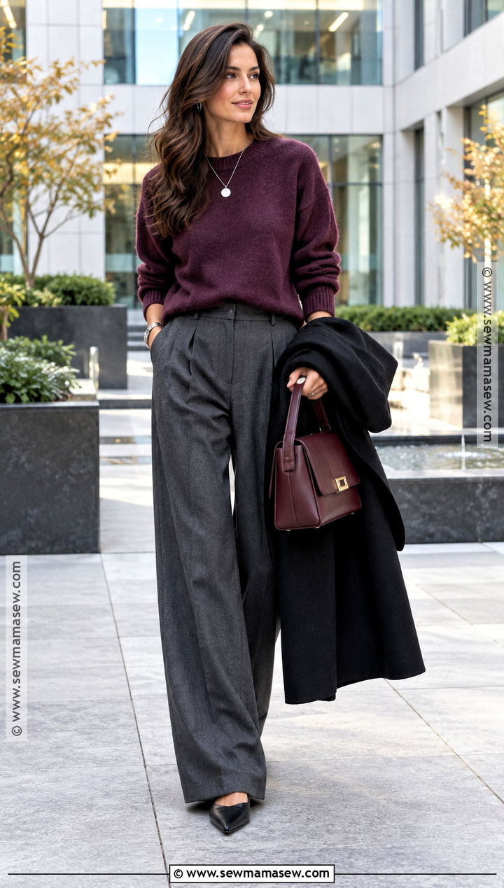 Purple Sweater And Gray Trousers Fall Outfit - 25 dope fall outfits