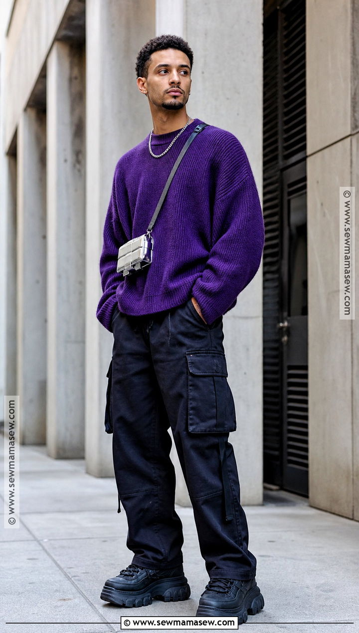 Purple Sweater Halloween Outfit With Black Cargo Pants - 30 Halloween Casual Outfits