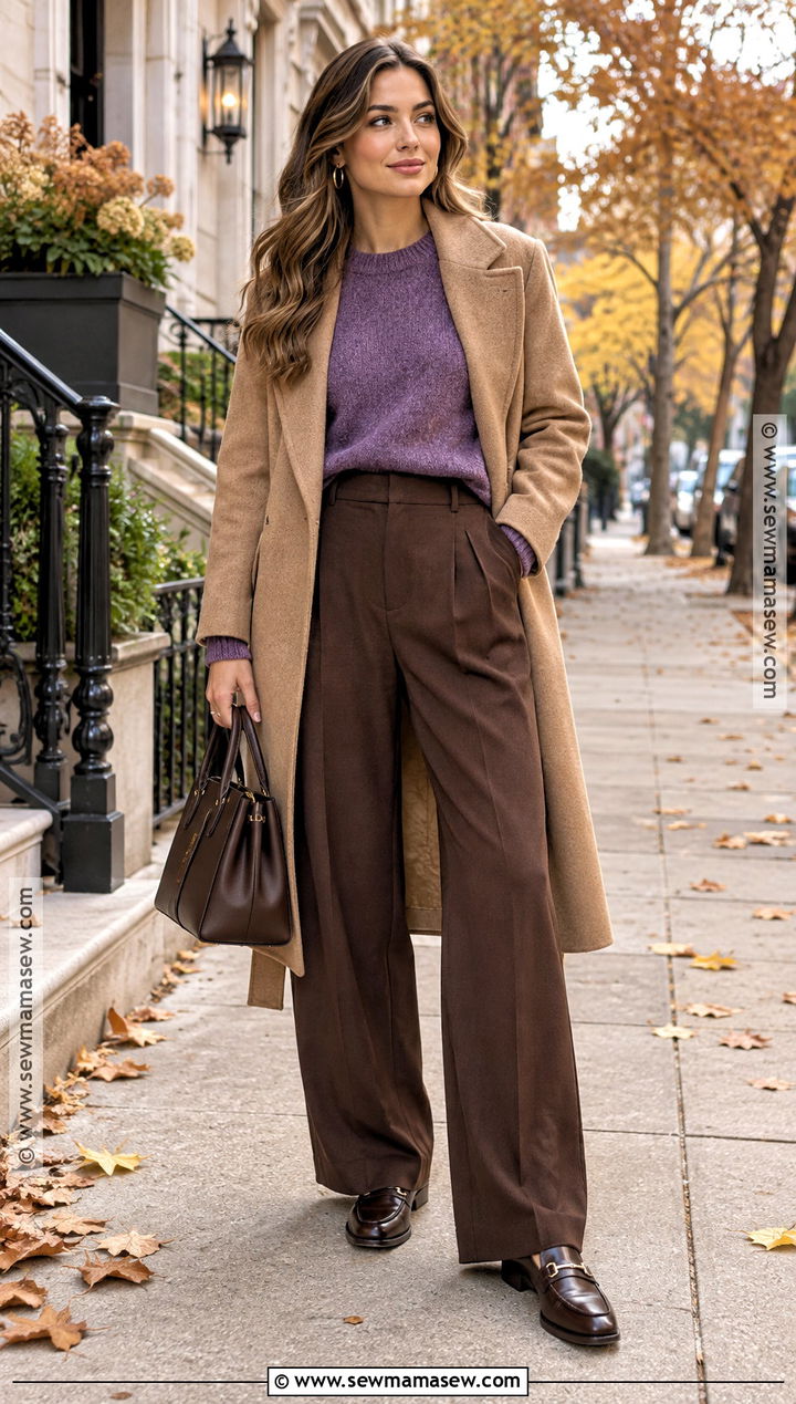 Purple Sweater With Chocolate Brown Trousers - 15 Fall Fashion Purple Ensemble Ideas