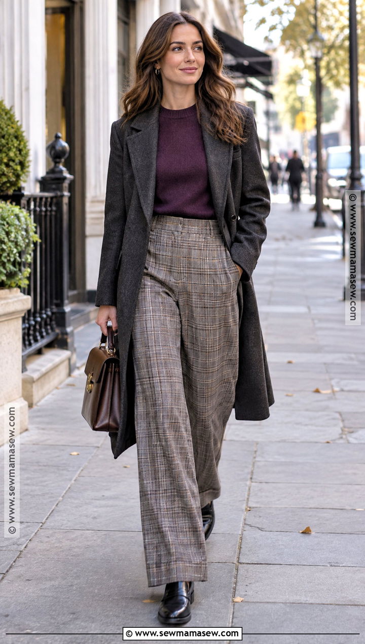 Purple Sweater With Plaid Trousers - 15 autumn purple sweater style ideas