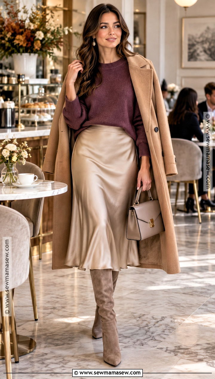 Purple Sweater With Satin Midi Skirt - 15 autumn purple sweater style ideas