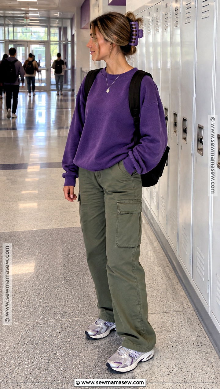 Purple Sweatshirt And Cargo Pants Back To School Outfit - 15 Colorful Back To School Outfits