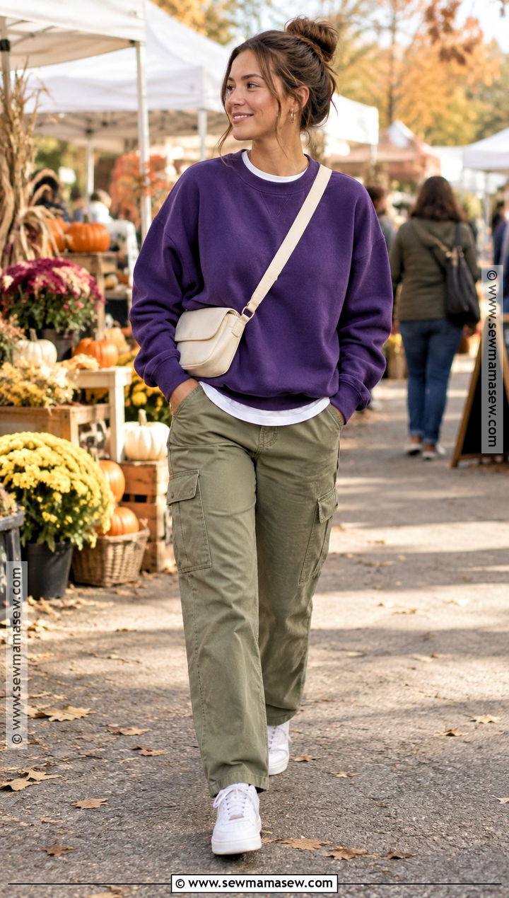 Purple Sweatshirt And Cargo Pants Outfit - 20 purple fall outfit ideas