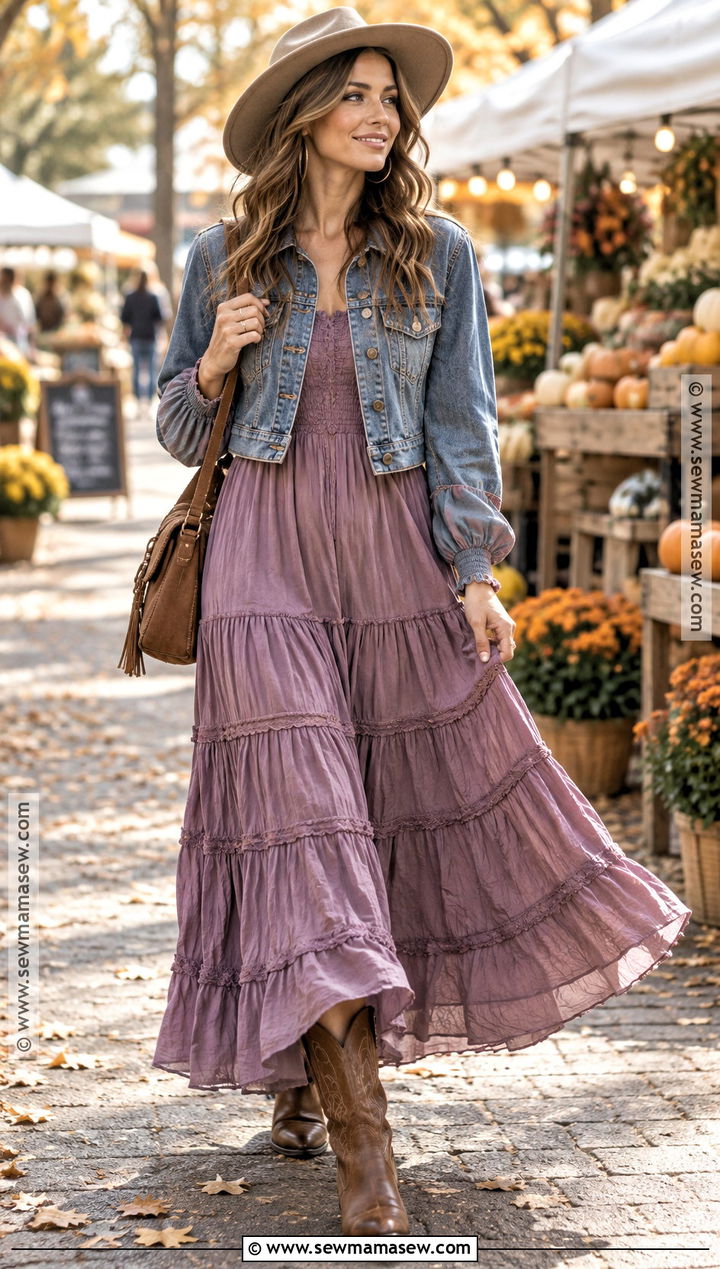 Purple Tiered Maxi Dress With Cowboy Boots - 15 Fall Dresses Purple