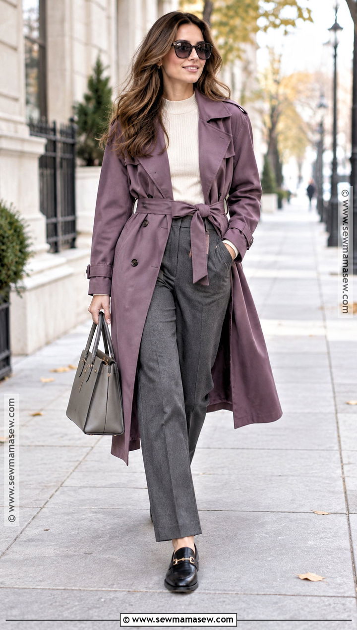 Purple Trench Coat And Neutral Knit Outfit - 20 purple fall outfit ideas