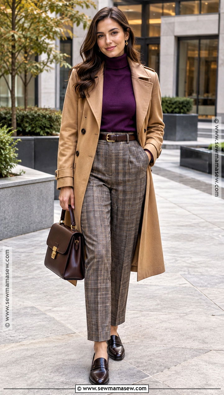 Purple Turtleneck With Plaid Pants - 15 autumn purple outfit ideas