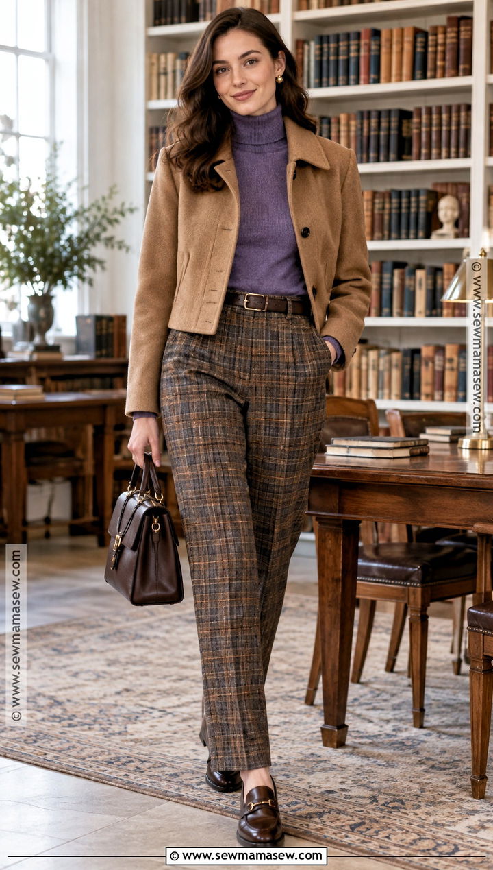 Purple Turtleneck With Plaid Trousers - 15 Fall Fashion Purple Ensemble Ideas