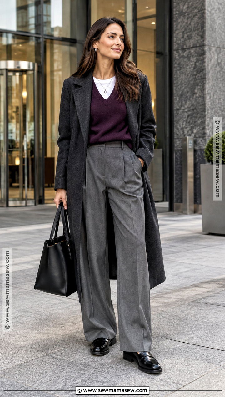 Purple V Neck Sweater With Gray Tailored Trousers - 15 cozy sweater for fall ideas