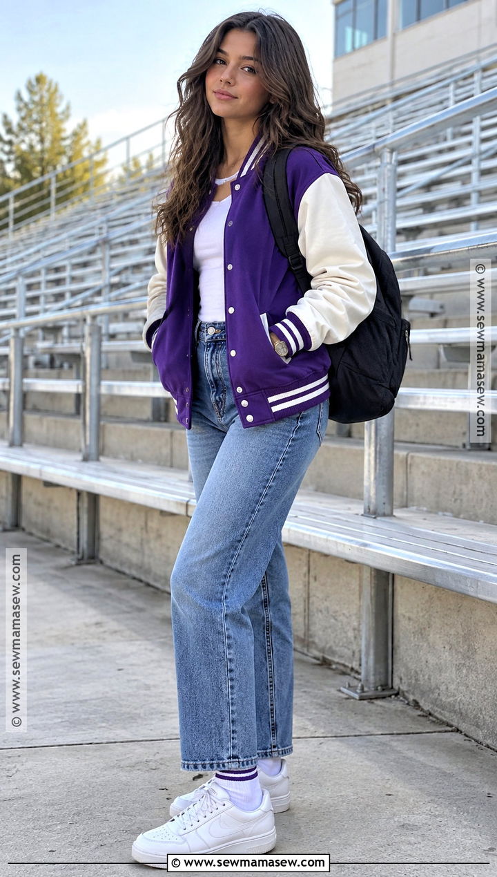 Purple Varsity Jacket With Straight Leg Jeans - 20 purple back to school outfits