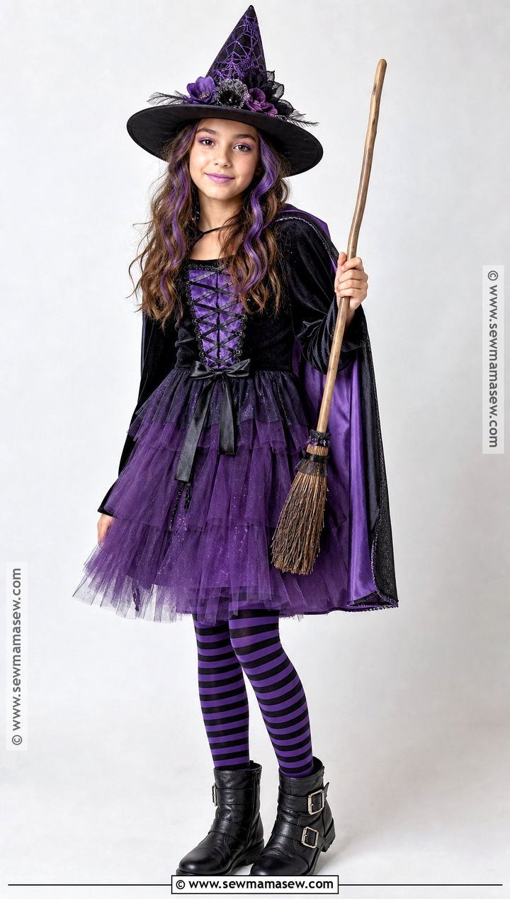 Purple Witch Costume With Striped Tights - 30 halloween costumes for girls 10 12