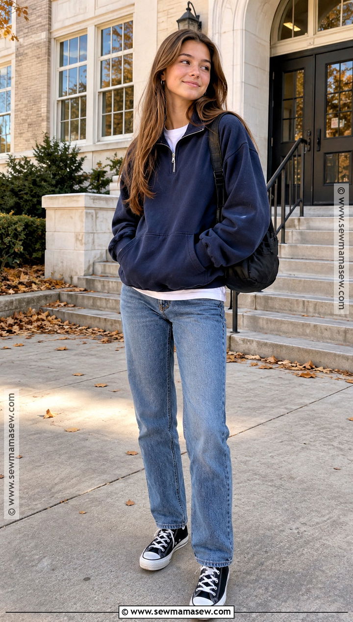 Quarter Zip And Straight Leg Jeans Fall Outfit - 15 cute fall outfits teenage for girls