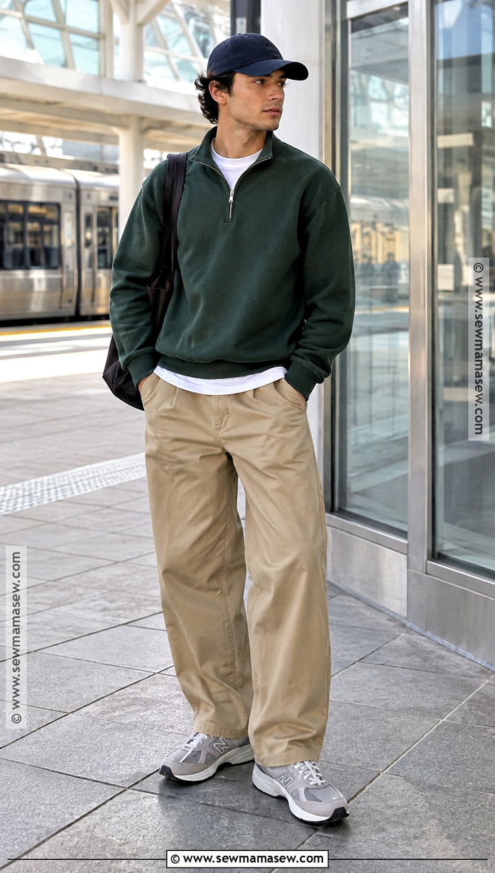 Quarter Zip And Wide Leg Chinos Fall Street Outfit - 15 casual men fall outfits street styles