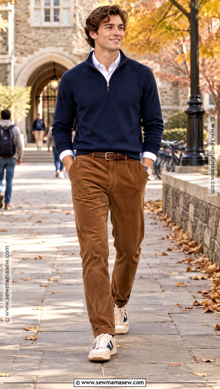 Quarter Zip Fall Outfit With Corduroy Pants And Sneakers - 15 casual mens outfits fall