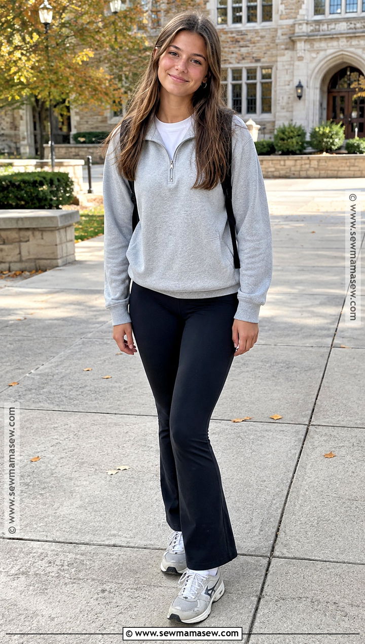 Quarter Zip Pullover And Flared Leggings Fall School Outfit - 15 Fall School Outfits Highschool Casual