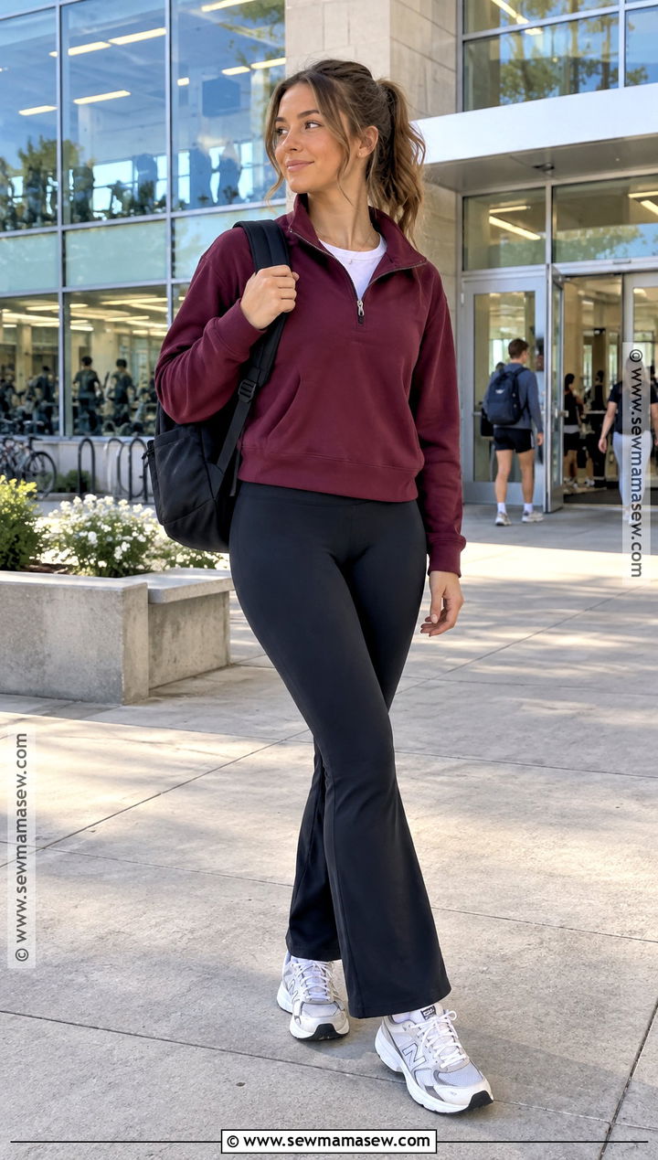 Quarter Zip Pullover And Flared Leggings School Outfit - 25 simple back to school outfits