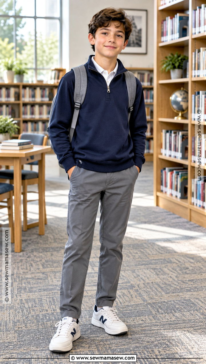 Quarter Zip Pullover And Gray Pants School Outfit - 20 back to school boy outfits