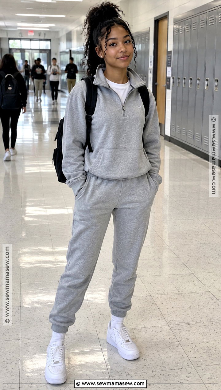 Quarter Zip Pullover And Joggers School Outfit - 15 cute simple outfits for school fall