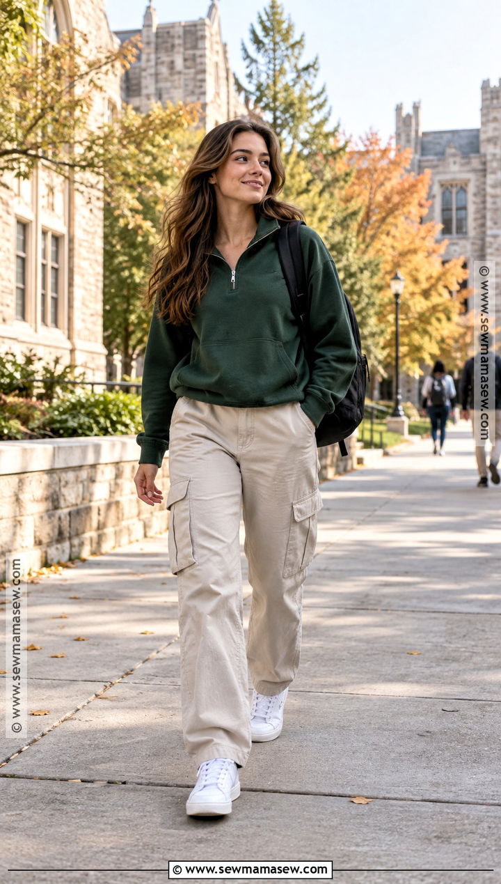 Quarter Zip Pullover With Cargo Pants And Sneakers - 15 fall outfits college comfy