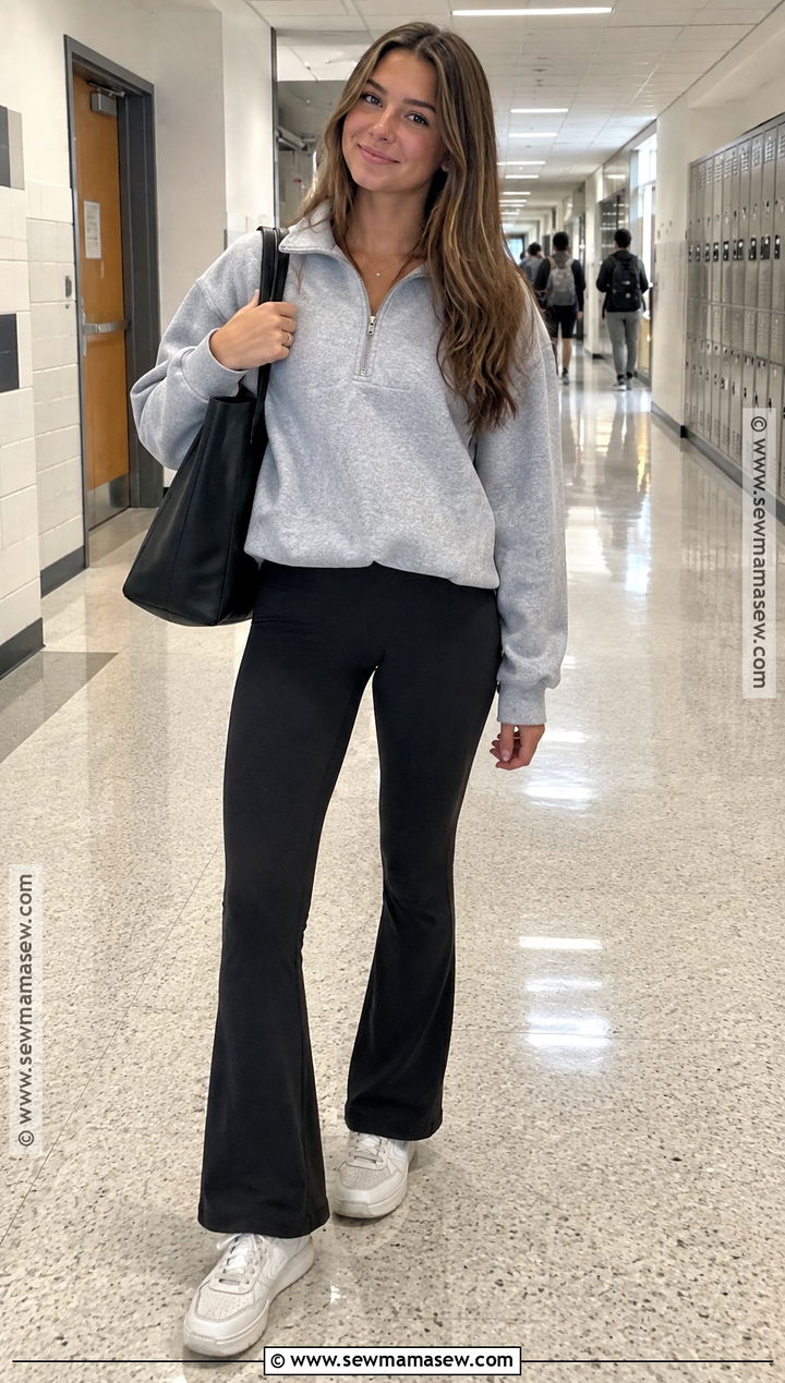 Quarter Zip Pullover With Flared Leggings - 15 comfy outfits for school fall