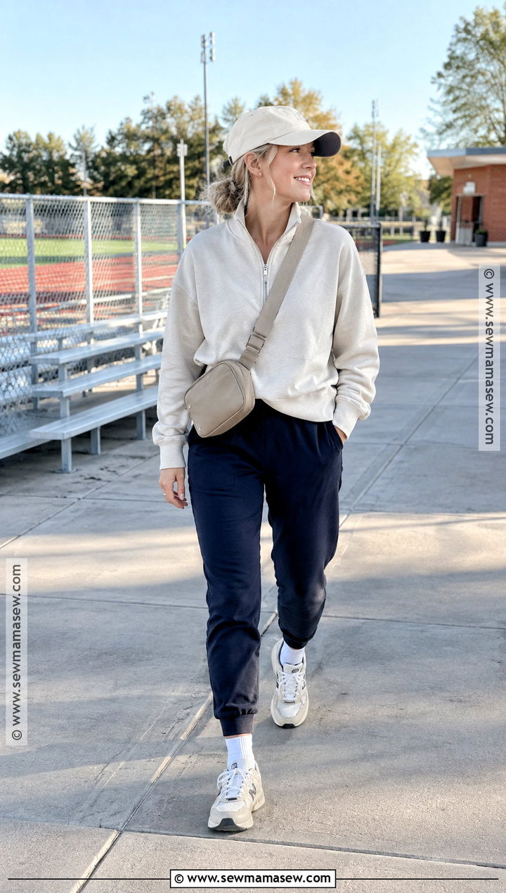 Quarter Zip Pullover With Joggers And Retro Sneakers - 15 mom back to school outfit ideas