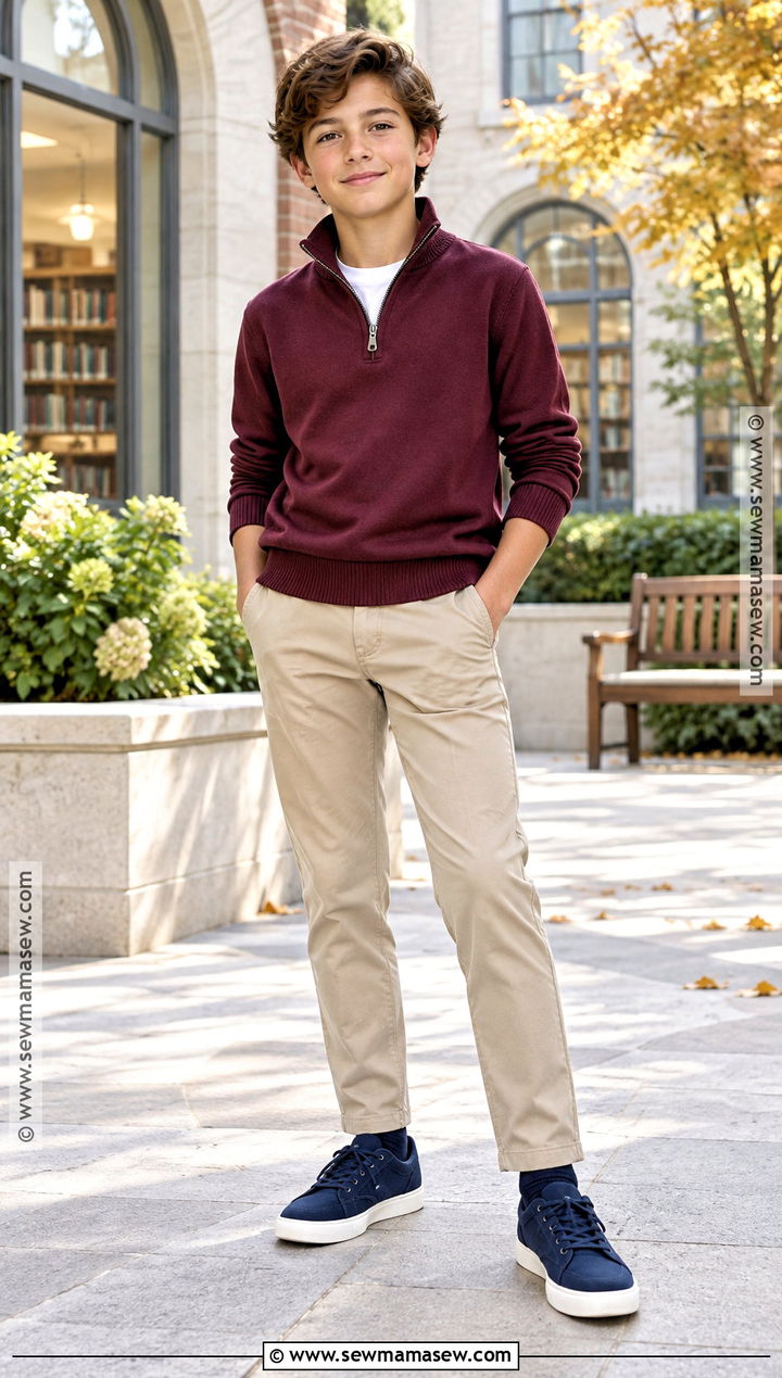 Quarter Zip Pullover With Khaki Pants And Sneakers - 25 Boy Fall Outfits