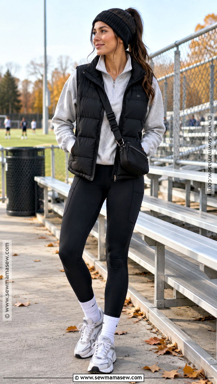 Quarter Zip Pullover With Leggings And Puffer Vest - 15 fall soccer game outfit ideas