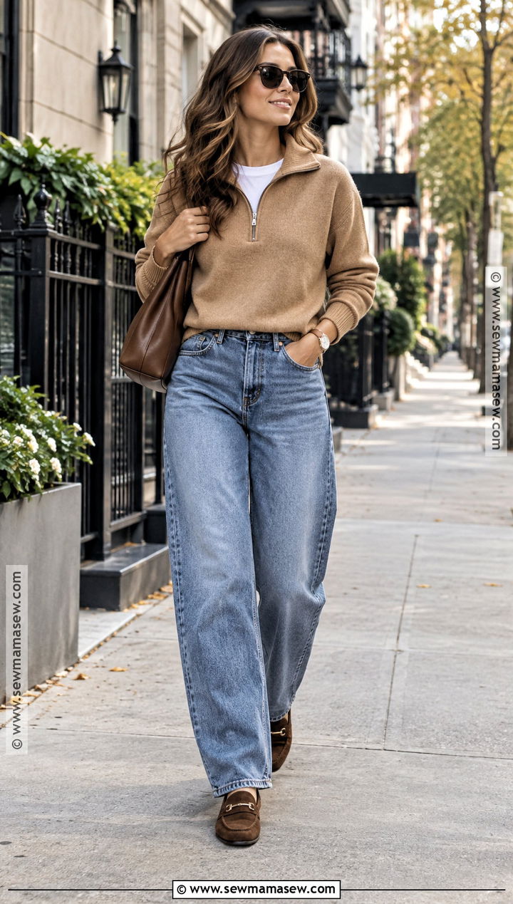 Quarter Zip Sweater And Barrel Jeans Fall Outfit - 25 cozy fall fits