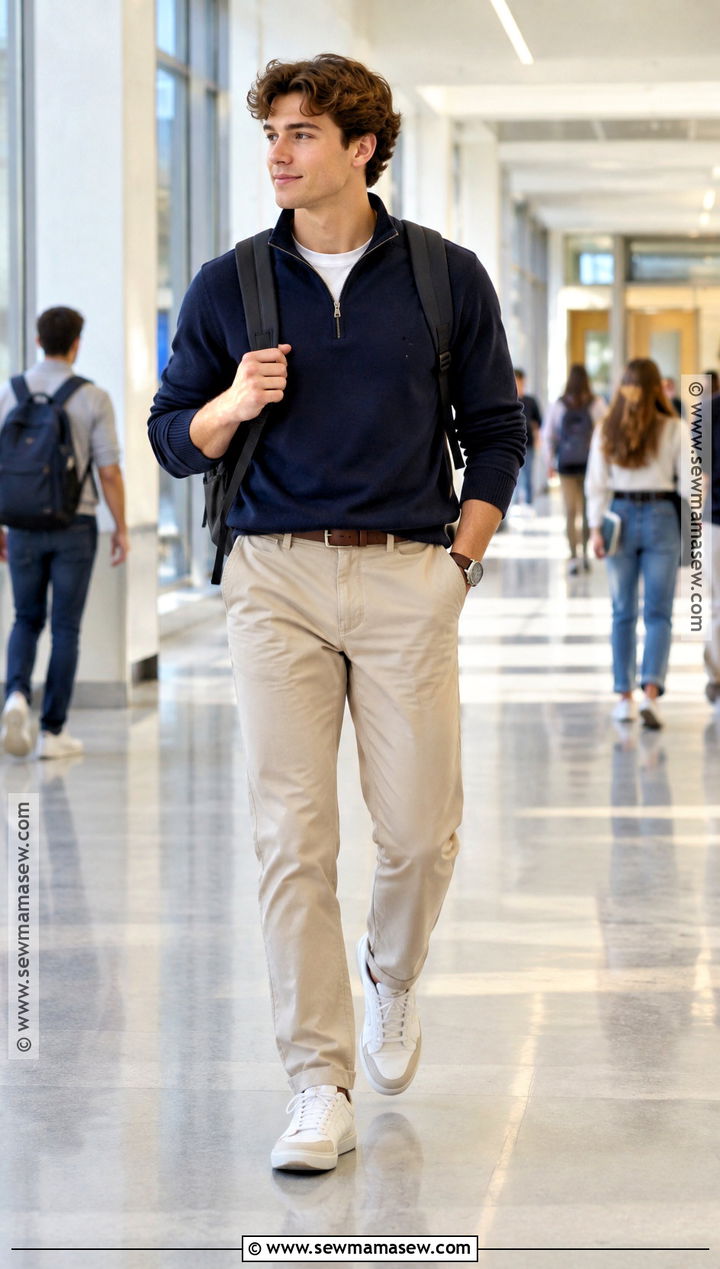 Quarter Zip Sweater And Chinos Back To School Outfit - 15 back to school men outfits