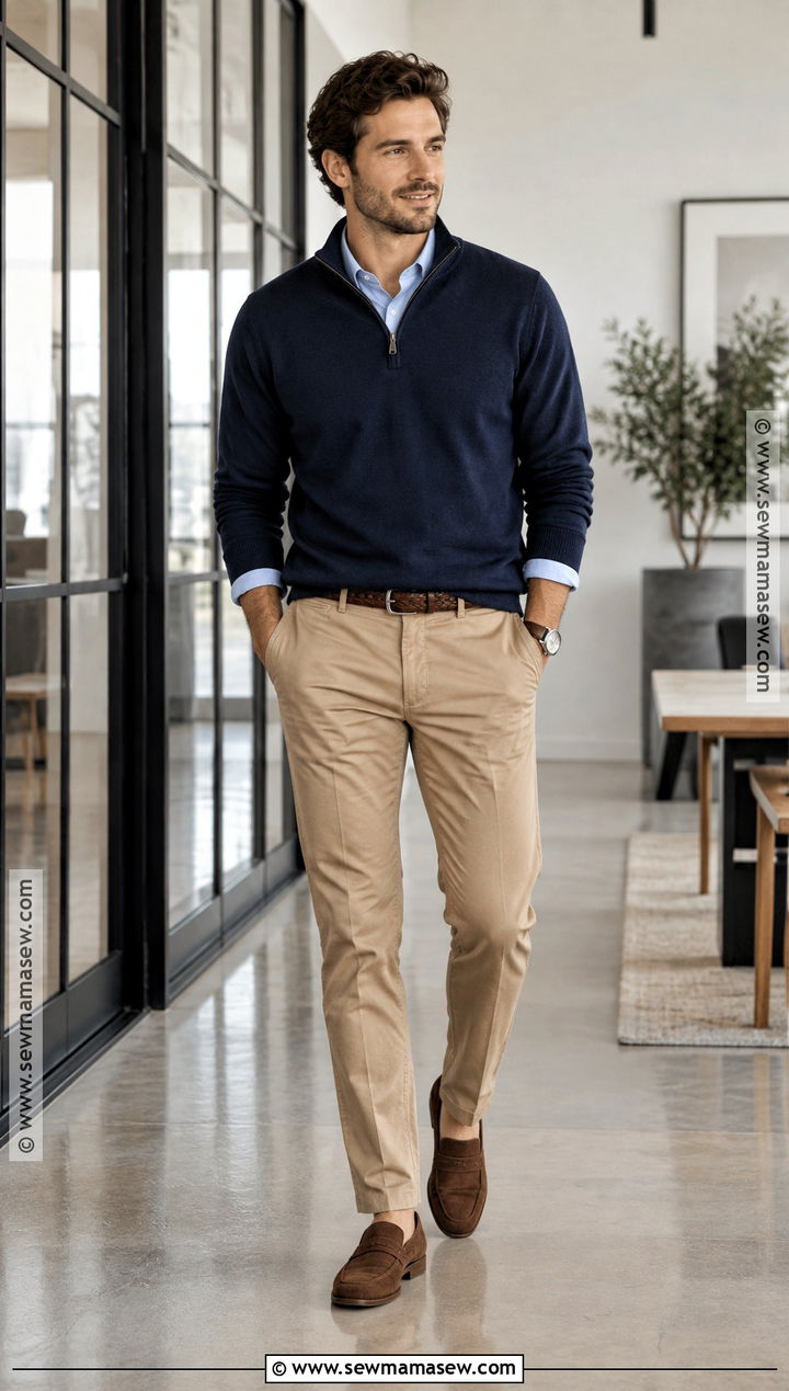 Quarter Zip Sweater And Chinos Fall Outfit - 20 fall outfit inspo ideas for men