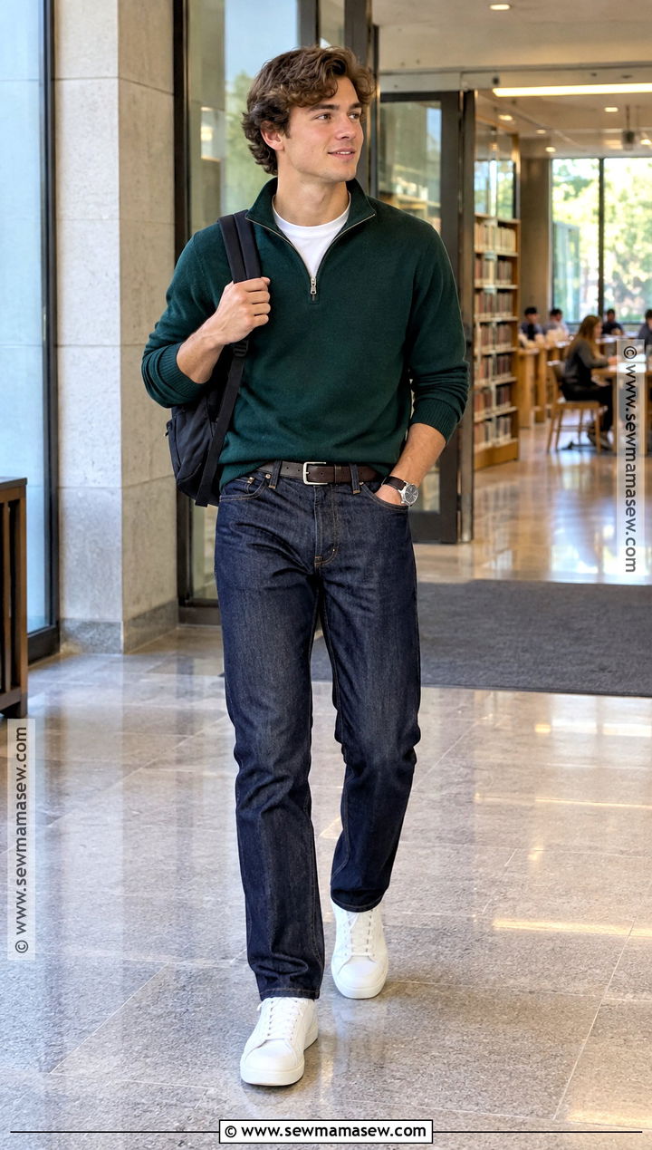Quarter Zip Sweater And Dark Jeans Back To School Outfit - 15 mens back to school outfit ideas