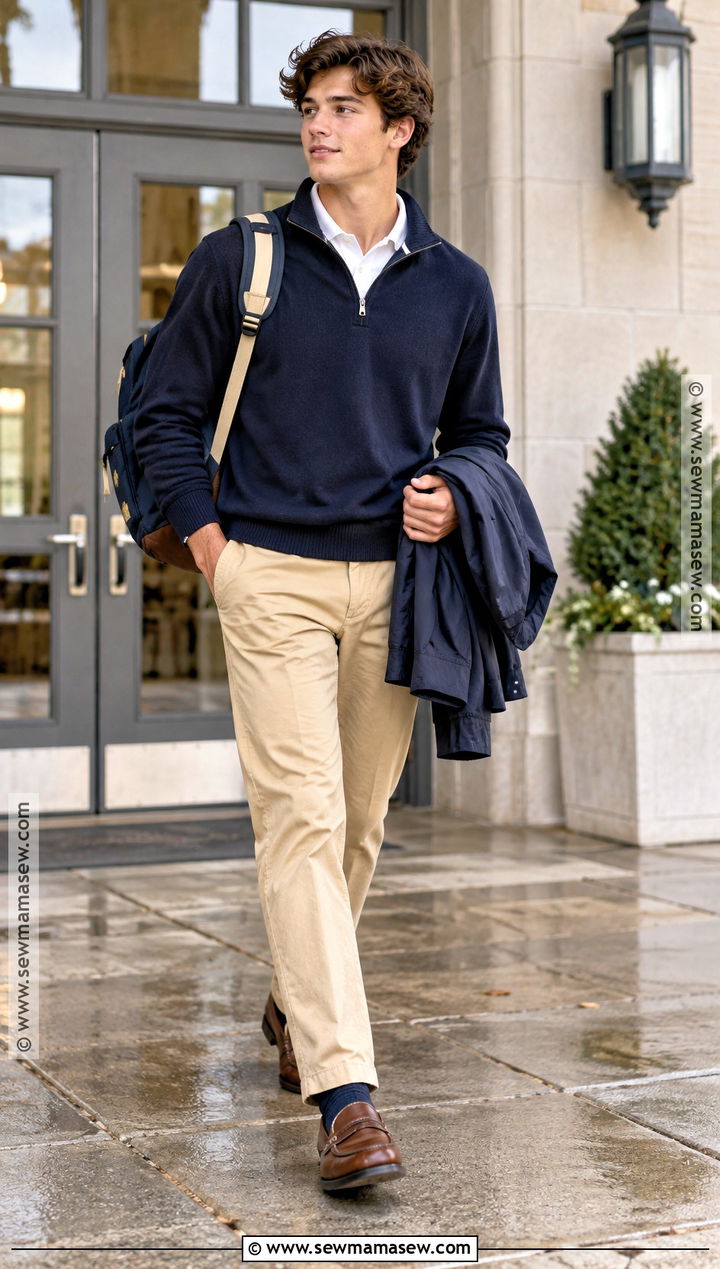 Quarter Zip Sweater And Khaki Pants Uniform Outfit - 25 Back To School Uniform Outfits