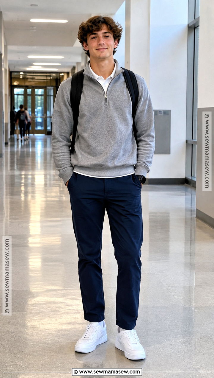 Quarter Zip Sweater And Navy Trousers Uniform Outfit - 20 uniform back to school outfits