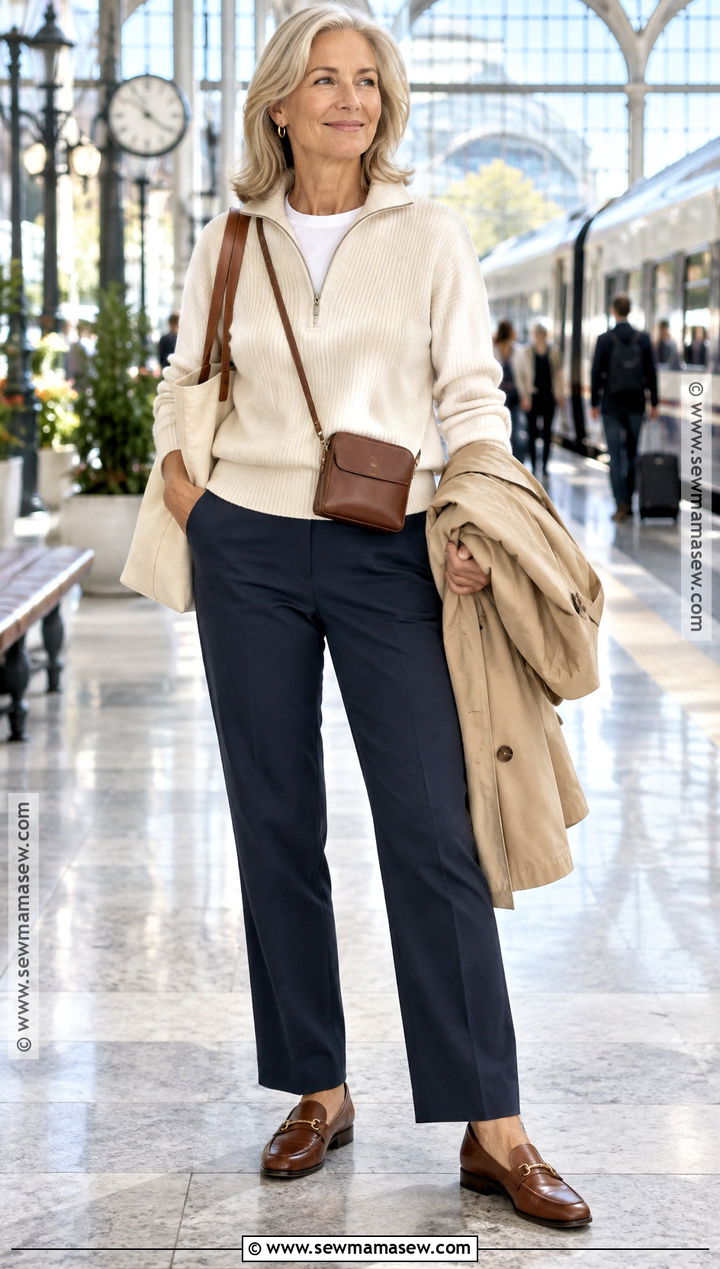 Quarter Zip Sweater And Straight Leg Pants Fall Travel Outfit - 15 Cute Travel Outfits Fall